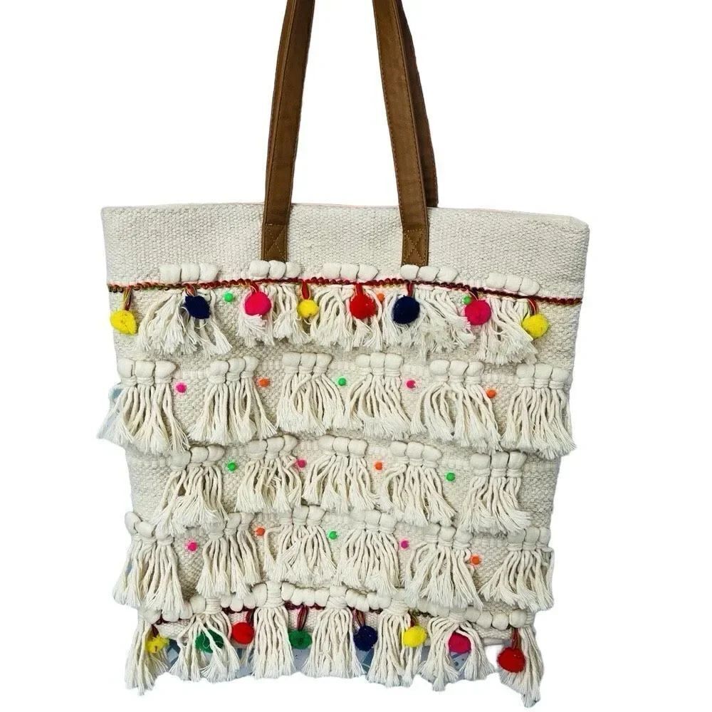 Sonoma Women’s Large Canvas Tote Purse Cream Multi-Color Pom Pom
